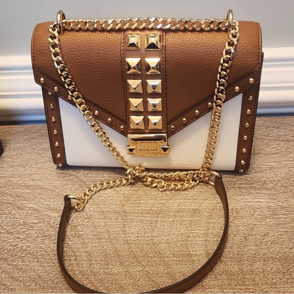 Michael Kors Whitney Crossbody Bag Brown, Gold, White NWT 7” x 91/2” x3” - Picture 2 of 7